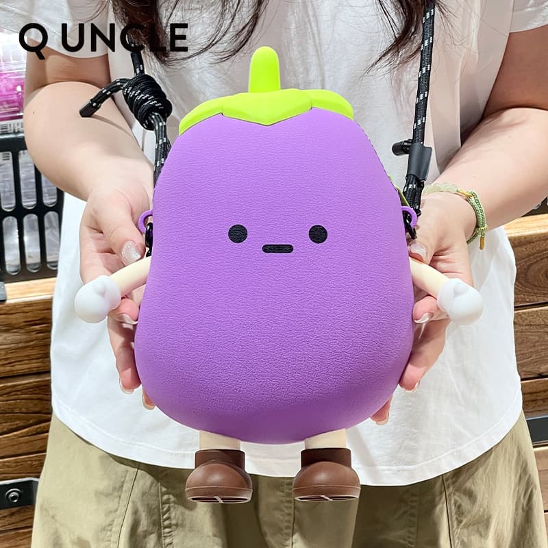 Q-Version Uncle Eco-Friendly Silicone Eggplant Phone Bag Cute Vegetable Mini Crossbody Bag Storage Shoulder Bag Creative Eggplant Bag