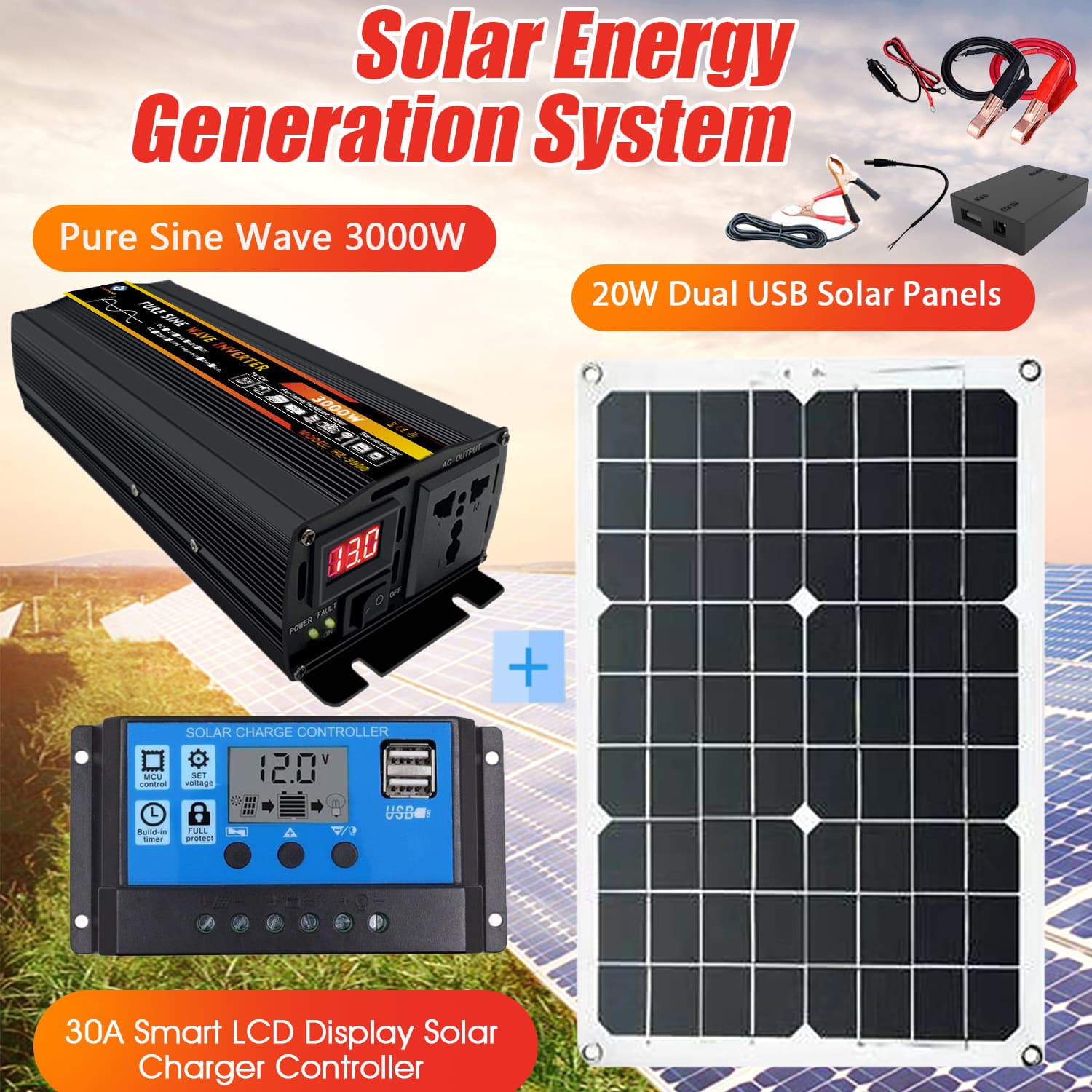 Solar System Kit Pure Sine Wave Inverter 3000W + 20W Solar Panel + 30A Controller
