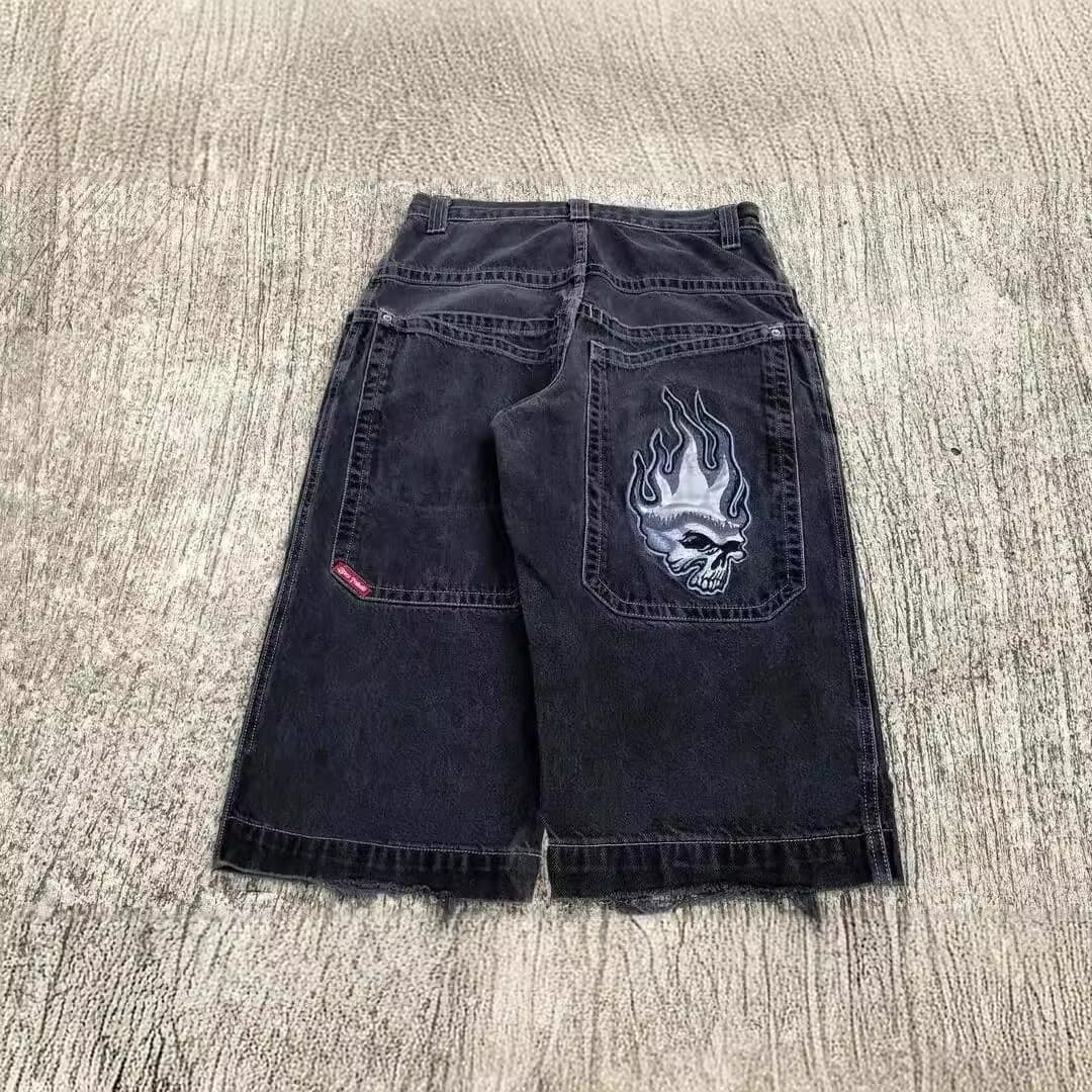 JNCO shorts, Y2K hip-hop retro skull retro denim fitness loose denim shorts
