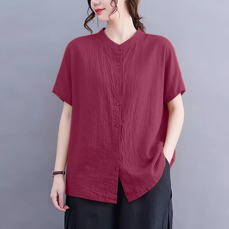 Cotton and linen short-sleeved shirts for women new plus size women's loose slim versatile stand-up collar shirt summer women's tops