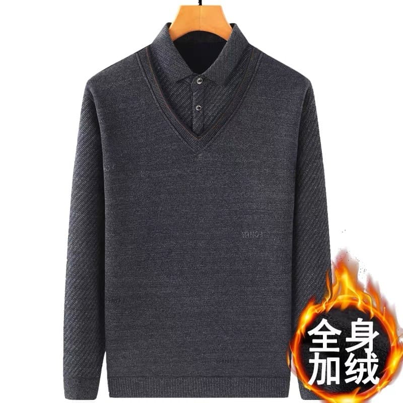 Winter fleece-lined, thickened, two-piece warm sweater for middle-aged and elderly men, father's winter knitwear