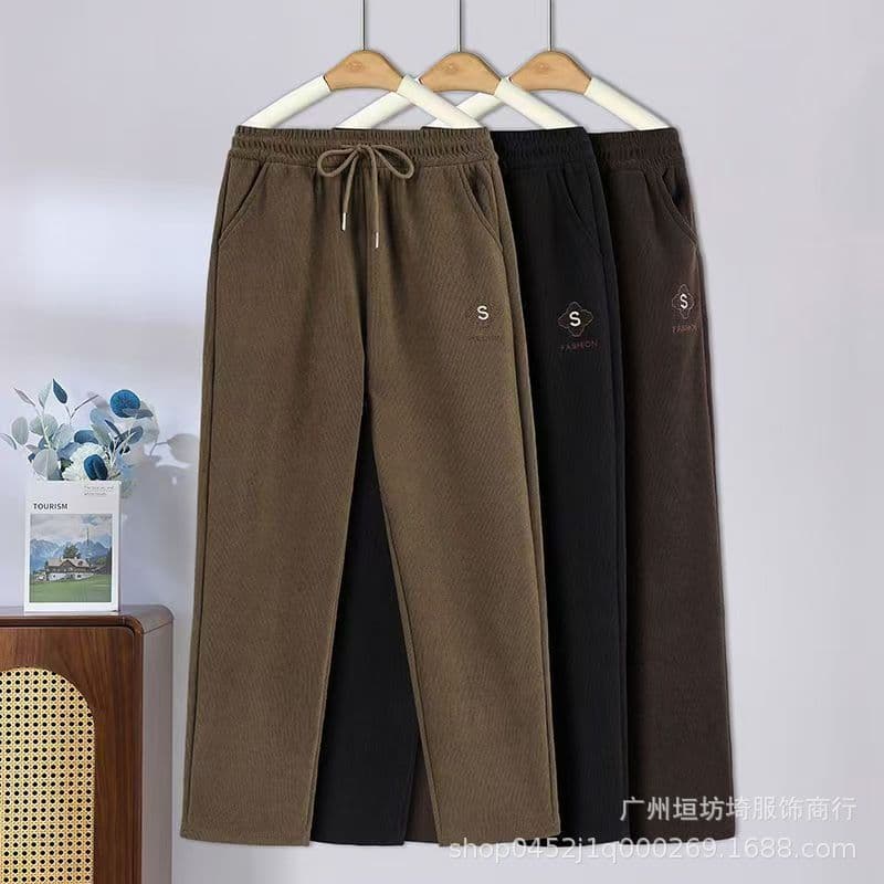 2025 Autumn and Winter New Product Straight-Leg Embroidery Style High-Waist Casual Mom Warm Pants, Fashionable Outer Wear Elastic Waist Pants