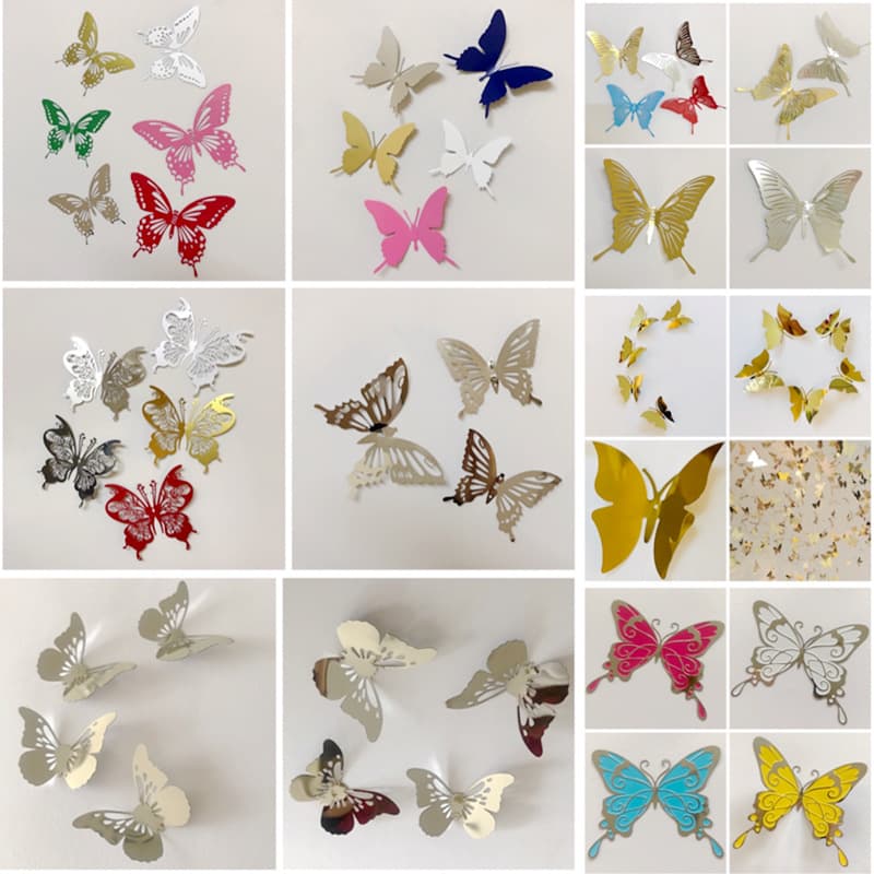 Home wall decoration simulated butterfly 3D three-dimensional take-off stainless steel long tail square column cylindrical decorative sticker