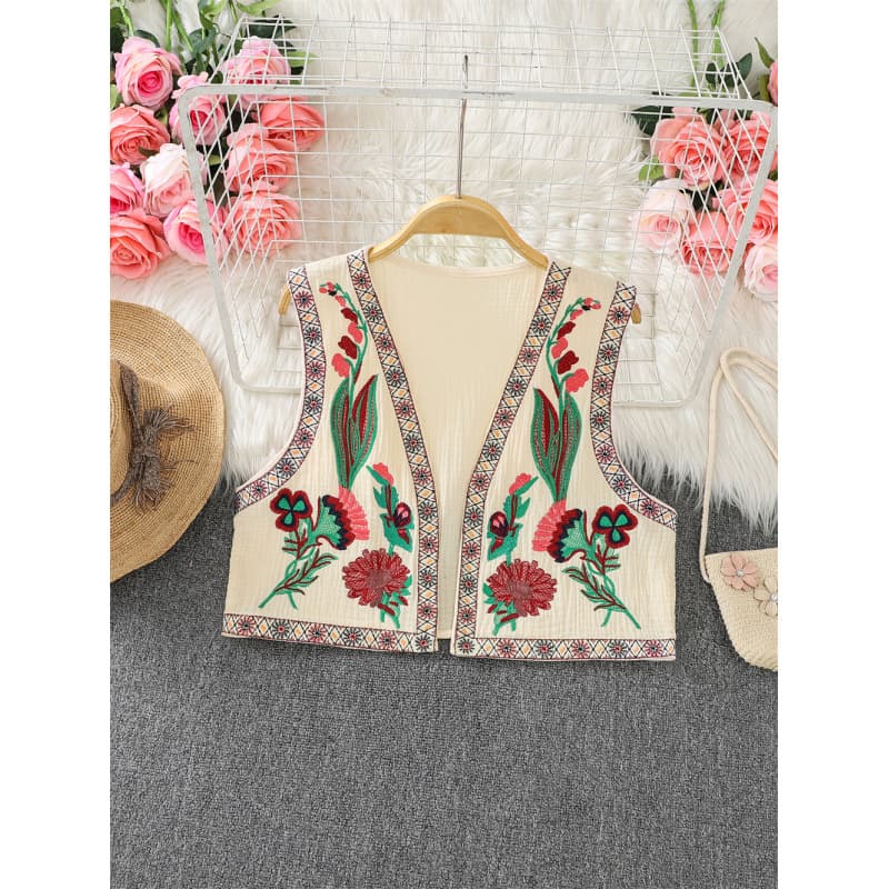 Bohemian Retro V-Neck Embroidered Vest Chinese Style Jacket Women Casual Beach Vacation Top
