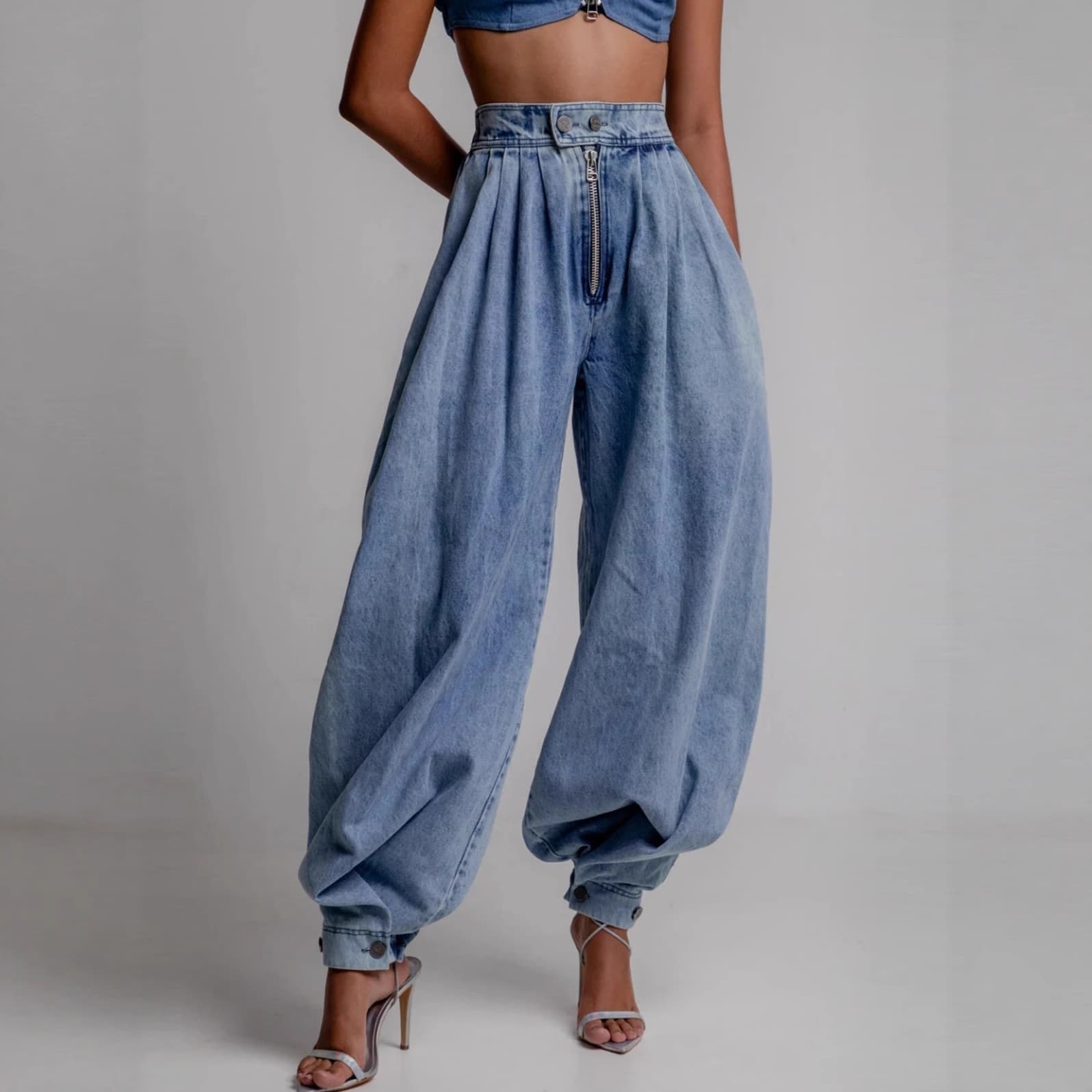 Cross-border European and American Amazon women's clothing new high-waist zipper leg jeans women's loose casual retro pants wholesale