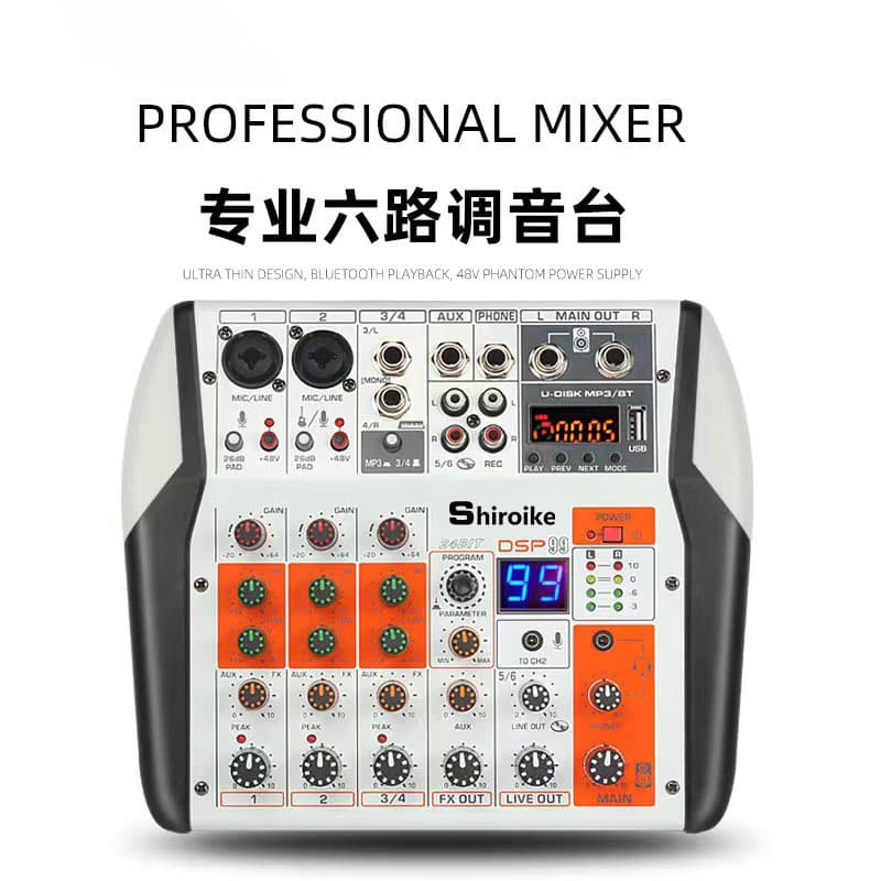 6-Channel Audio Mixer for Live Streaming Recording DJ Mobile Computer Sound Card USB Bluetooth Mixer Effects Processor for Live Streaming