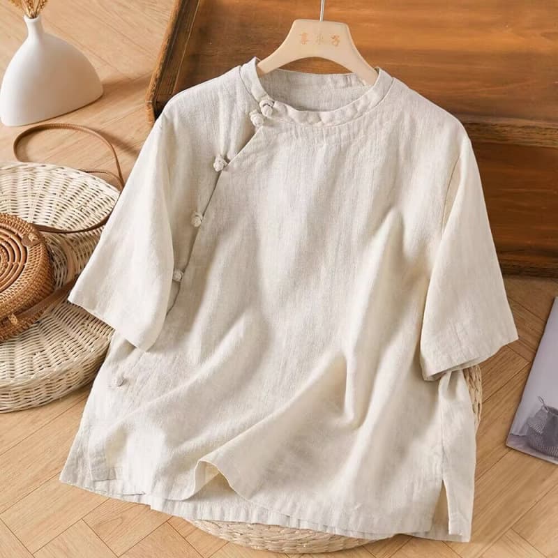 New 2025 Linen Short Sleeve T-Shirt Women Diagonal Front Knot Buttons Literary Retro