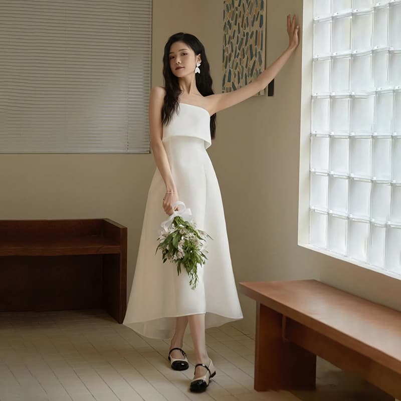 Satin Light Wedding Dress Niche White Dress for Certificate Registration Going-away Bride Strapless Gown Niche Wedding Dress