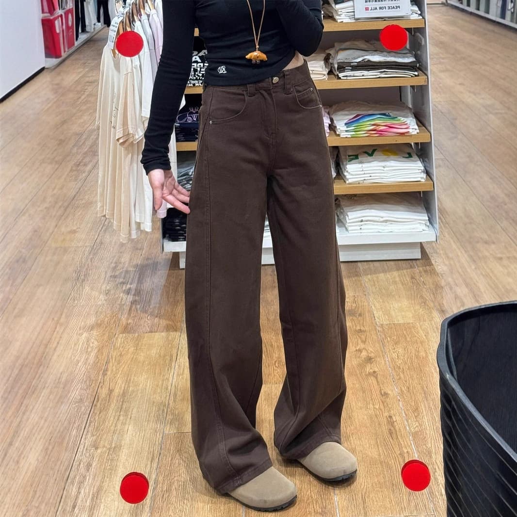 Coffee Wide Leg Jeans for Women Fall Winter New Design High Waist Loose Slimming Versatile Straight Leg Floor-Length Pants
