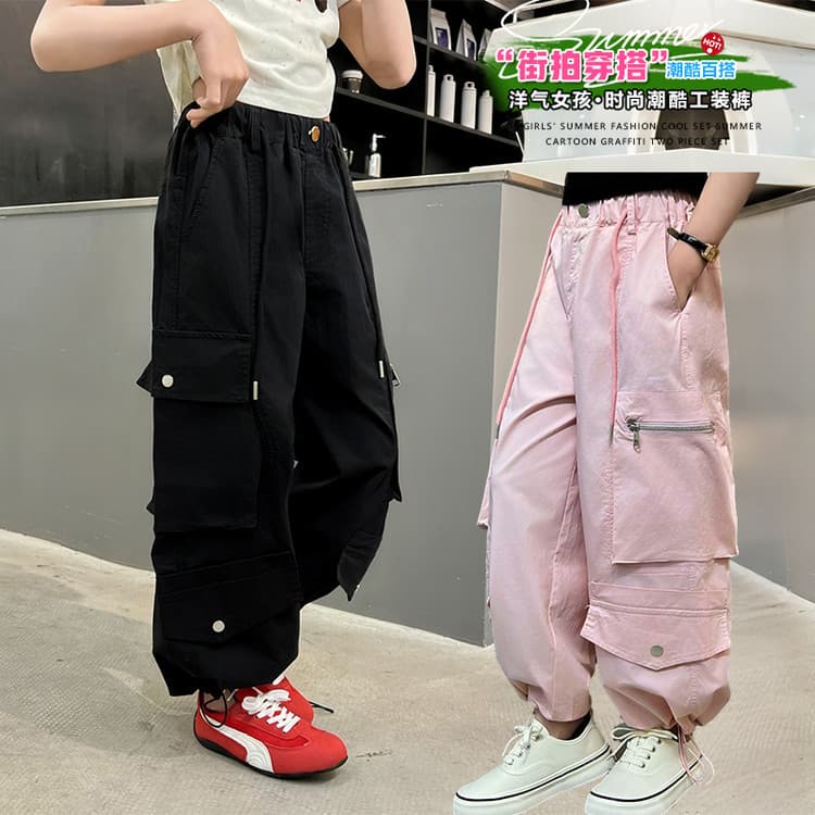 Girls Casual Cargo Pants 2026 Summer New Middle and Older Kids Loose Slimming Wide Leg Pants Street Style Sports Long Pants