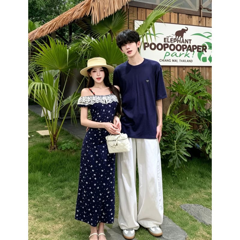 Bali Beach Vacation Style One-Piece Dress with Lace Trim Floral Print Off-Shoulder Long Dress