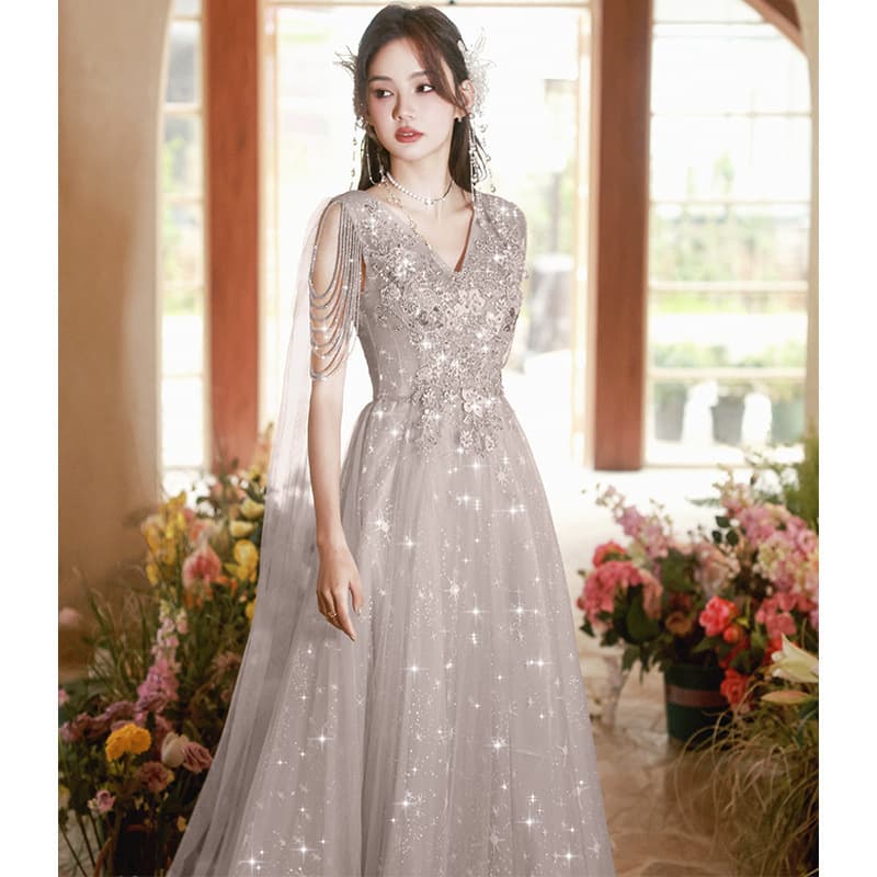 New Summer Banquet Evening Dress Gray Ribbon Cross-Border Art Exam Red Song Chorus Performance Outfit Company Annual Meeting