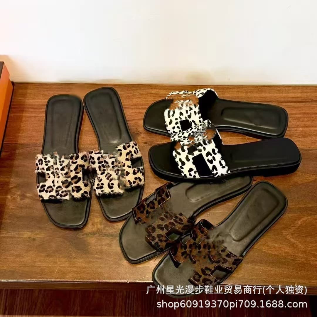 Women's Slippers for Outdoor Wear 2025 Spring Autumn New Leopard Print H Brand Slippers European American Beach Cross-border