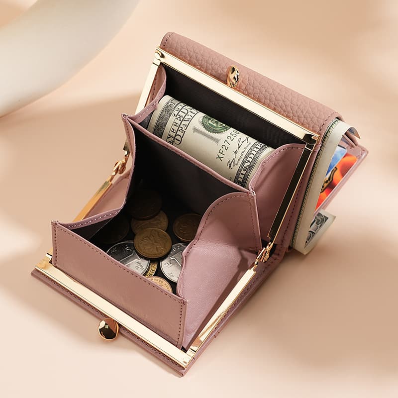 High-End RFID Blocking Short Leather Wallet for Women with Alloy Frame Cute Lock Buckle Design Bifold Coin Purse Daily Use
