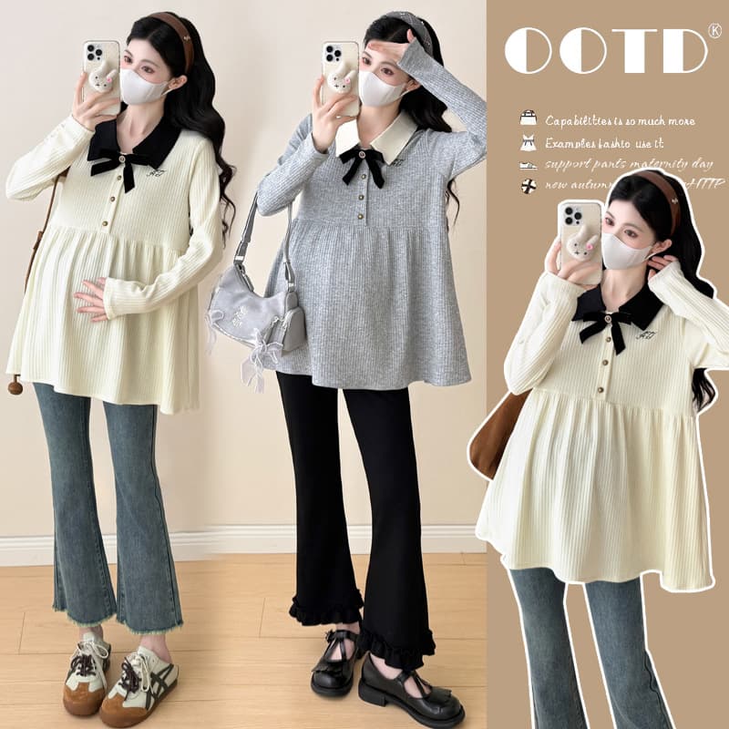 New autumn/winter maternity patchwork top, Korean style, loose, casual, mid-length, slimming, versatile maternity doll top