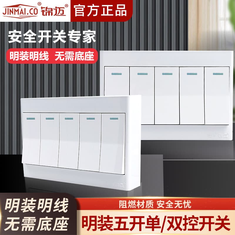 Jinmai Surface-Mounted 5-Gang Switch Lighting 16A Single/Double Control Kitchen/Living Room / 5-Gang Panel Home Wall Surface Wiring Box.