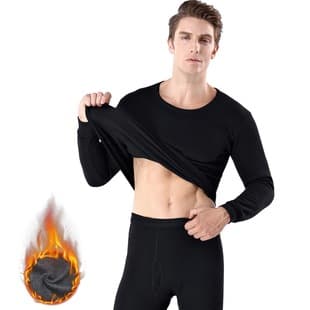 Men's Thermal Underwear Set with Fleece Round Neck Cotton Knit Warm Long Johns Pajama Pants for Winter Sleep