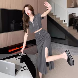 Sweet Spicy Girl Set Women Summer Hooded Short Sleeve T-Shirt Crop Top + Split Skirt Fashionable Two-Piece