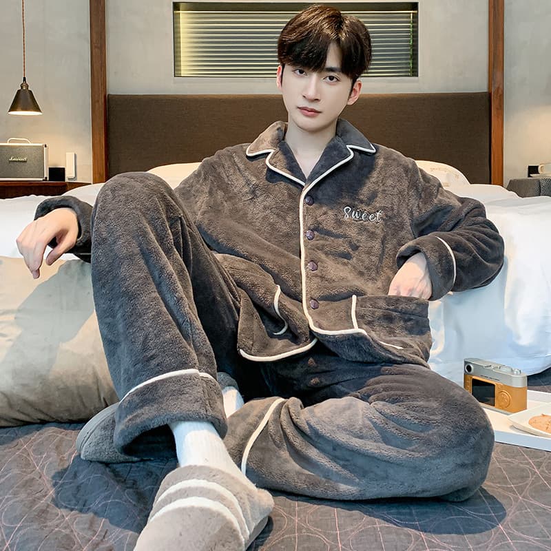 Coral Fleece Pajama Set for Men Winter 2024 New Thickened Warm Flannel Homewear Suit