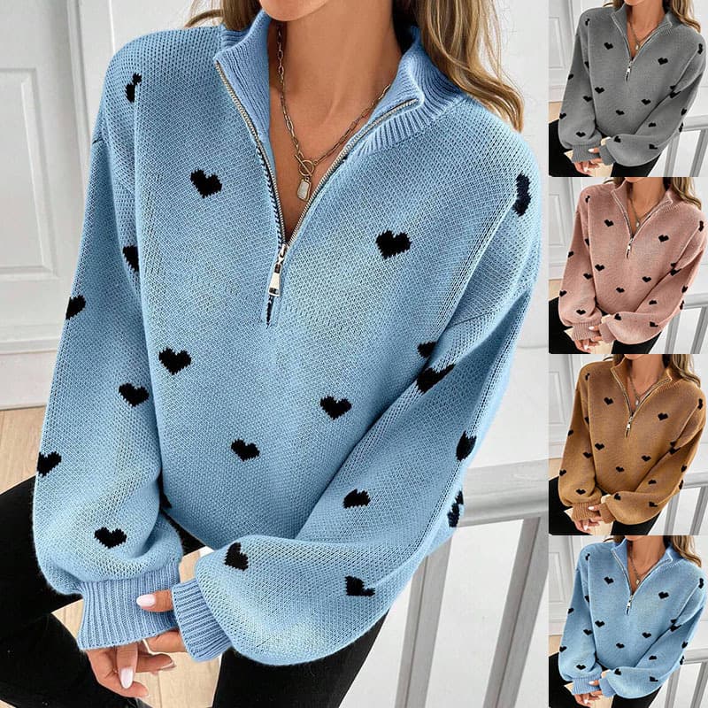 2026 autumn women's new style European and American Amazon cross-border foreign trade knitted long-sleeved love pattern zipper sweater