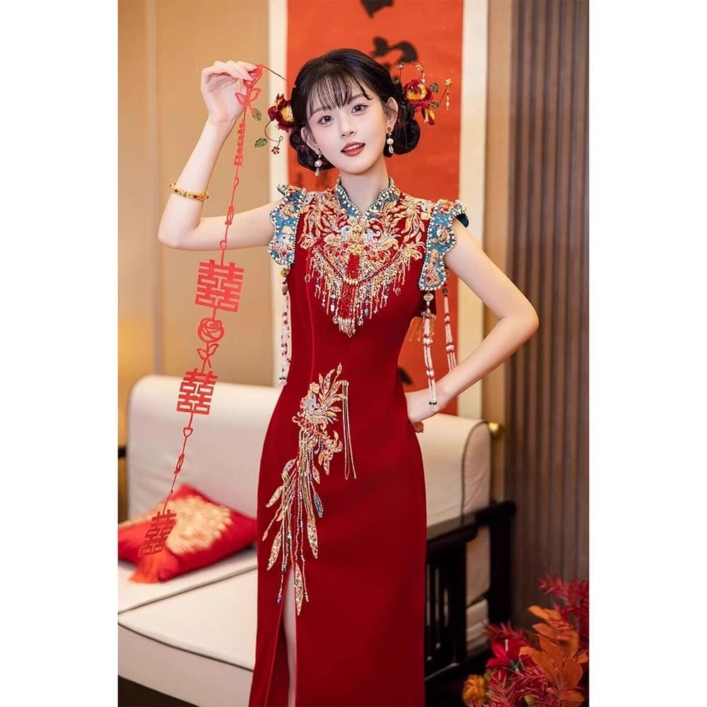 2025 New Chinese Style Heavy-Embroidered Xiuhe Qipao Banquet Dress, Bride's Morning Robe, Engagement and Return Home Attire, Summer