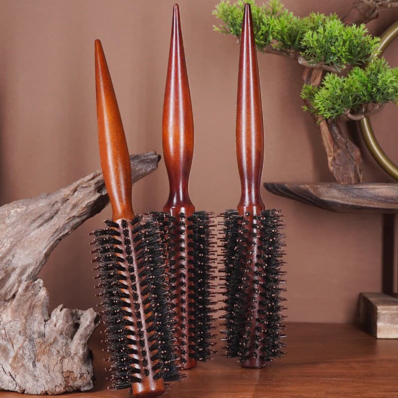 Pig Bristle Nylon Lotus Wood Curling Comb Straight Diagonal Stripe Curling Styling Comb Non-sticky Hair Care Roller