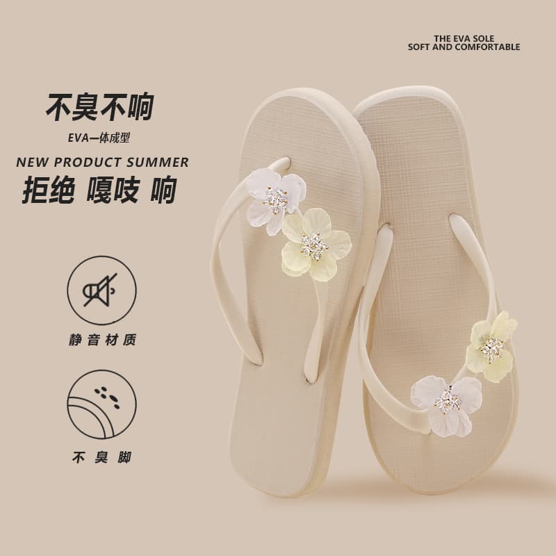 Summer Flower Decor Flip Flops, Soft and Cute Fairy Style, CHAO Soft Comfortable Beach Anti-Slip Sandals