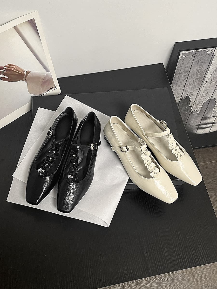Sheepskin Edition ~ New Square Toe T-Bar Strap Floral Mary Jane Shoes, Fairy Style Elegant Flat Sole Versatile Shallow Cut Single Shoes