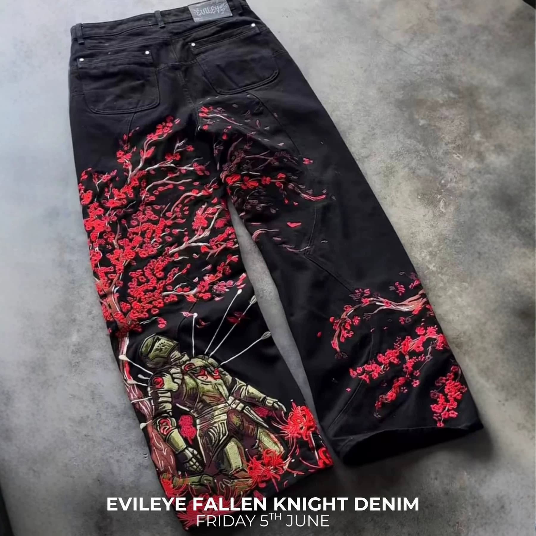 Cross-border European and American trendy brand Knight Sakura full-back embroidered wide-leg jeans with hand-embroidered loose straight-leg floor-length trousers