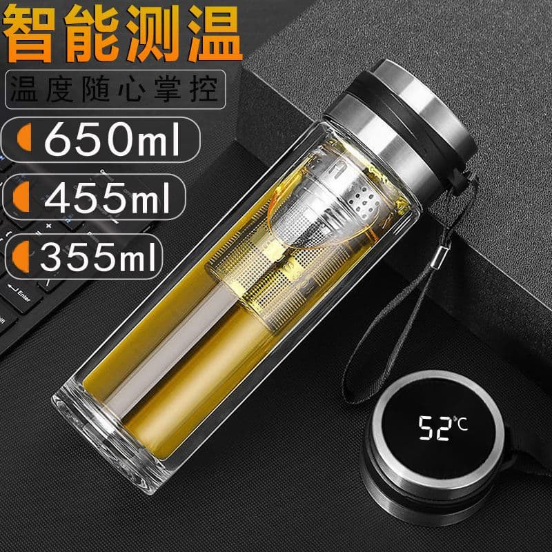 Smart temperature-display glass cup, portable for men and women, tea brewing cup with lid, thickened drinking cup for outdoor and car use.
