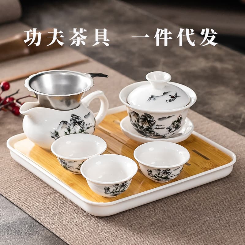 Home Use Kung Fu Tea Set with One Lid Bowl and Three Cups, Minimalist Tea Brewing for Guests, Ceramic Tea Cup Dry Brewing Tray
