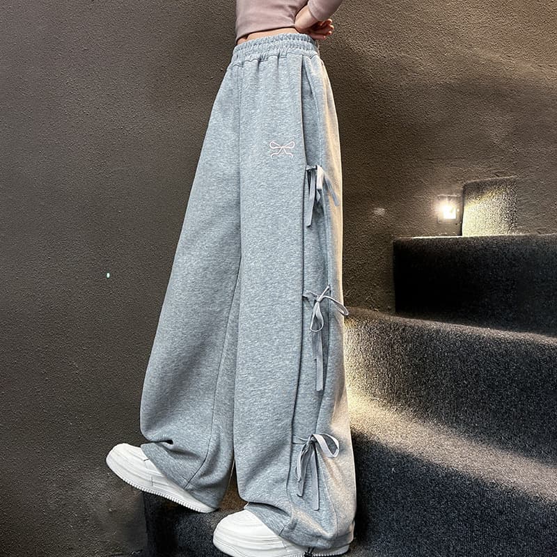 Girls' spring and autumn casual sweatpants 2025 new style big children's style bow wide-leg pants versatile fashionable knitted pants trend