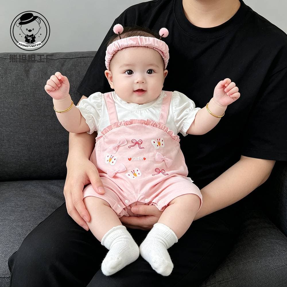 Baby girl summer clothes thin short-sleeved pure cotton jumpsuit super cute little one month old princess clothes baby crawling clothes