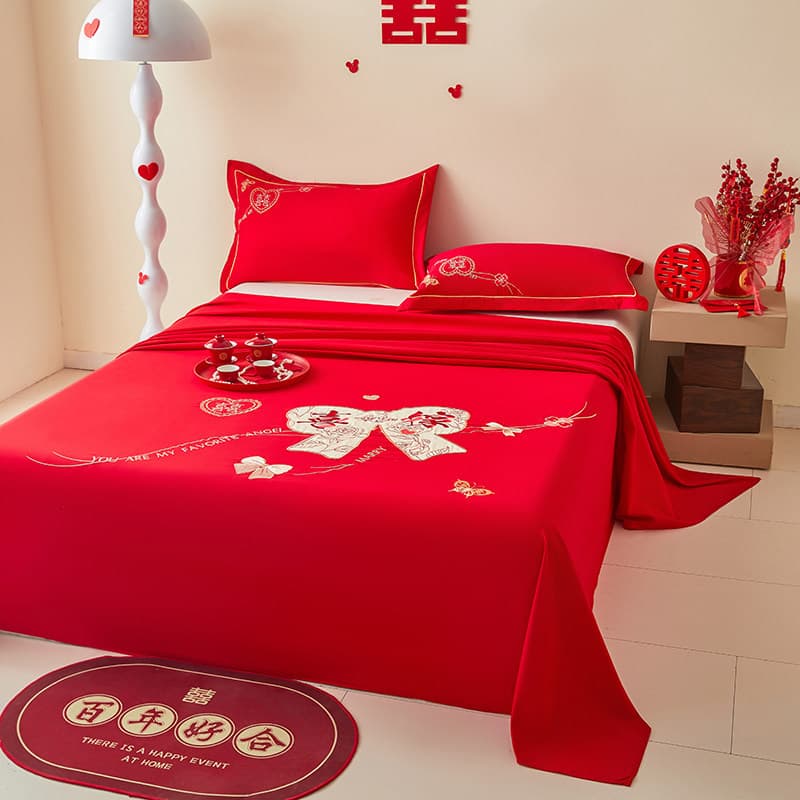 Chinese Wedding Big Red Bed Sheet Single Piece Bridal Room Decoration Dowry Pillow Case Happy Event Bedding Three-Piece Set