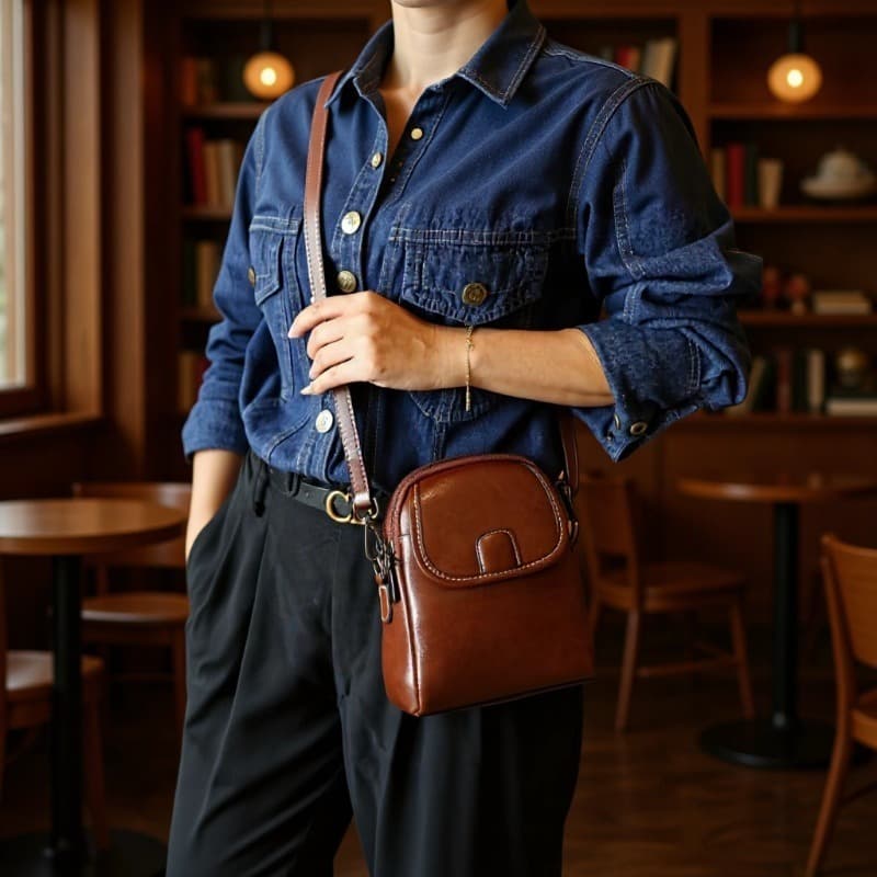 Genuine leather mobile phone bag, new fashionable shoulder small bag, trendy ladies mobile phone bag, soft leather, versatile European and American crossbody bag