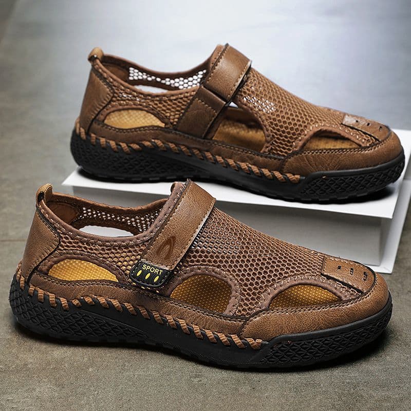 Camel Dynamic Sandals Men's Genuine Leather Mesh Cloth Toe Hollow Breathable Outdoor Casual Beach Shoes Hole Shoes for Dad