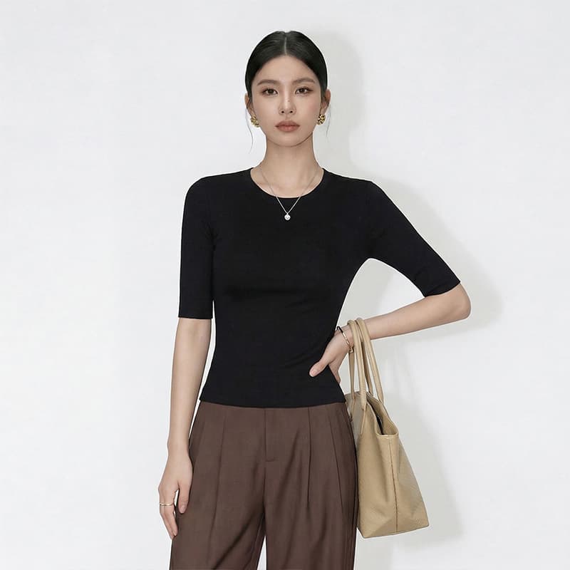 Custom T-Shirt Short Sleeve Women Round Neck Solid Color Straight Shoulder Women's T-Shirt Cross-Border Slim Fit Light Mature Women Short Sleeve Top