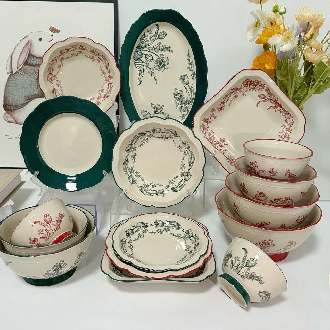 Ceramic underglaze color floor stall embossed rose bowl and dish set for home new high-value tableware in stock tail goods wholesale