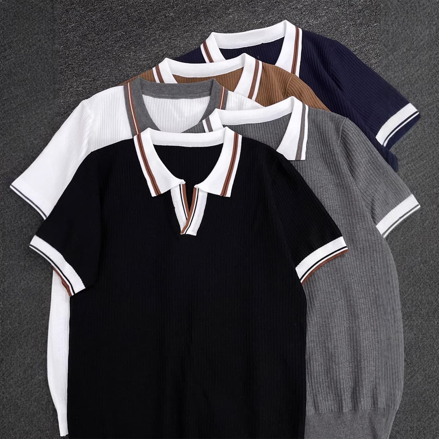 Premium Striped Contrast Polo Collar Short-Sleeve Sweater for Men 2026 New Trendy Half-Sleeve Knit Top