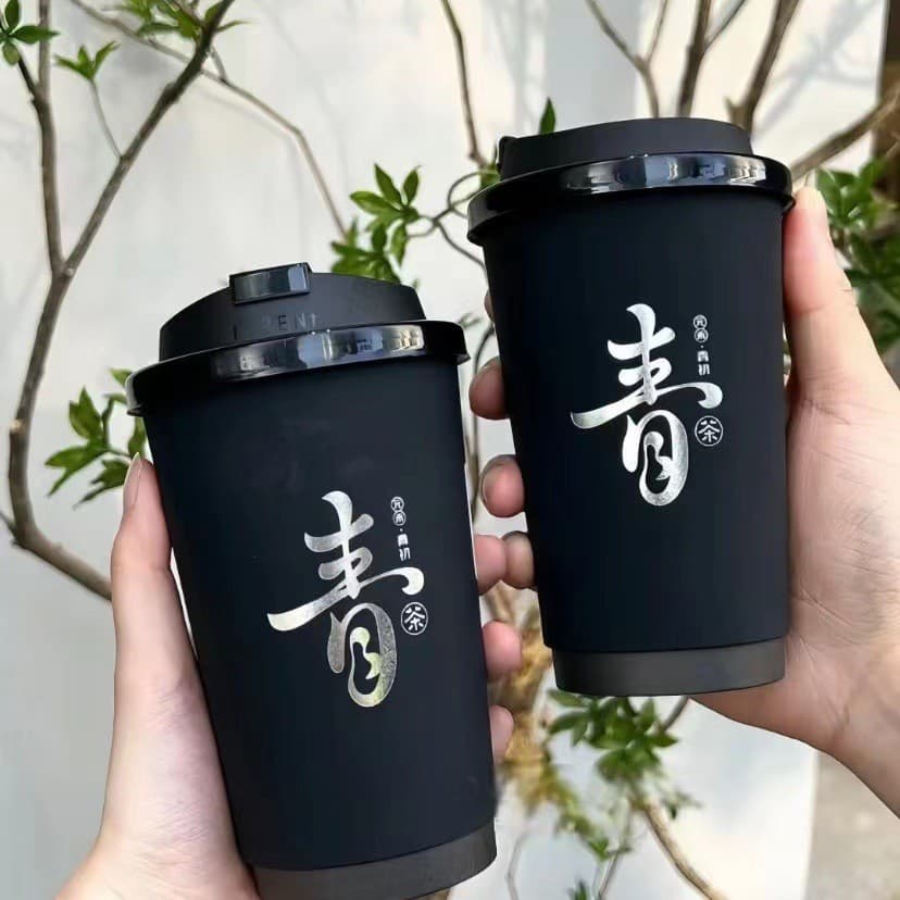 Disposable Hot Drink 90mm Diameter Black Touch Paper Cups, Milk Tea Coffee Cups Heat Insulation Double Wall Hollow Cups