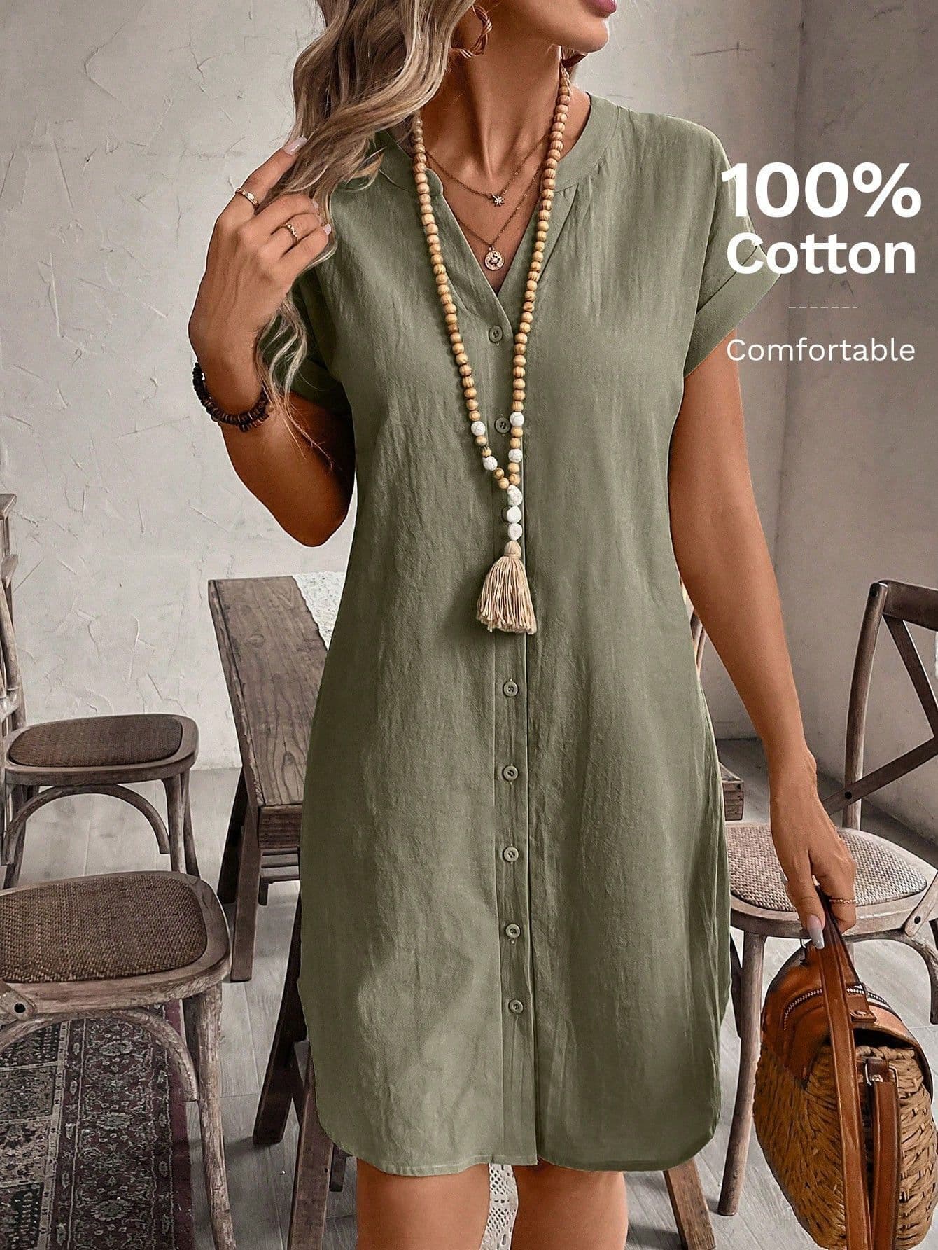 European and American Cross-Border Summer Women's Fashion Solid Color V-Neck Short Sleeve Single-Breasted Casual Dress, Seaside Vacation Dress