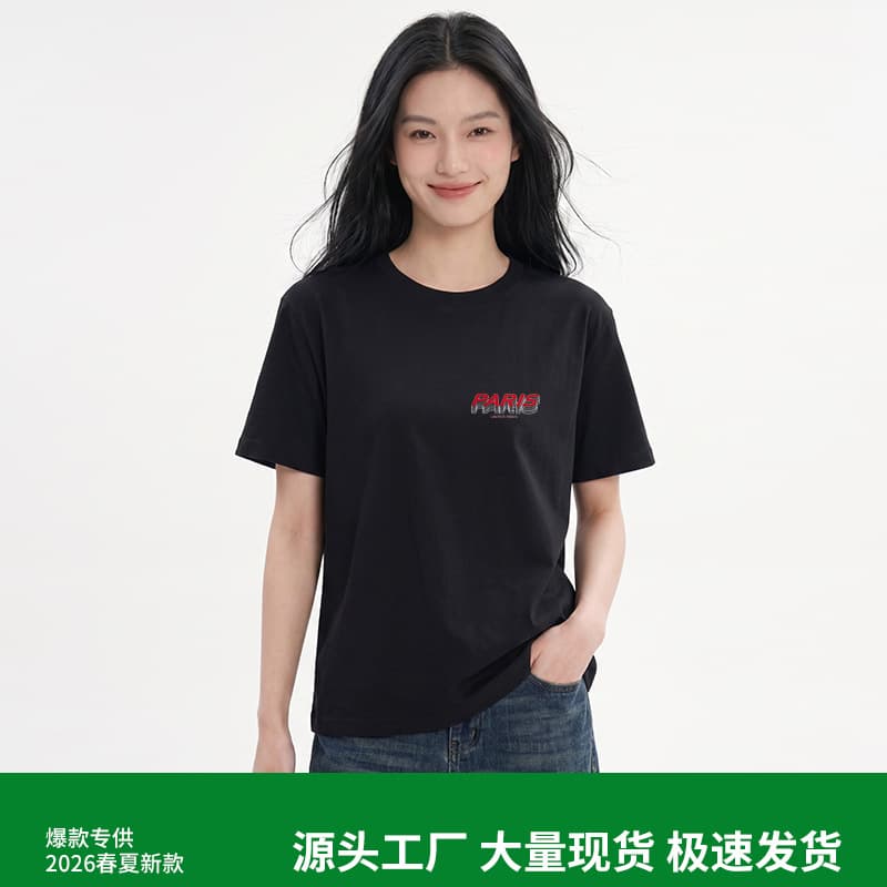Women's European and American minimalist letter print short sleeve t-shirt, summer trendy loose fit plus size black pure cotton versatile top