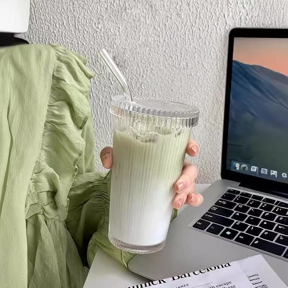 New Vertical Stripe Coffee Cup Nordic Ins Style Home Use with Lid and Straw Glass Cup Office Large Capacity Water Cup