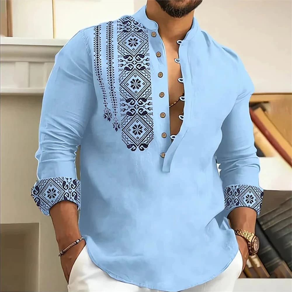 European and American Men's Ethnic Geometric Print Stand Collar Linen Long Sleeve Shirt Drop Shipping