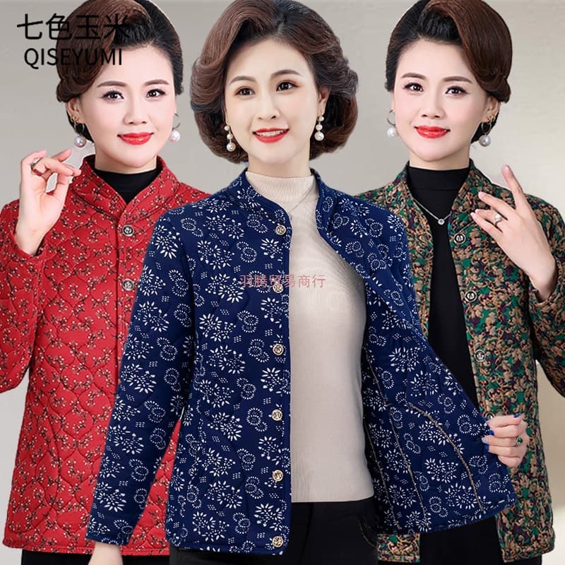 Floral print cotton-padded jacket for middle-aged and elderly mothers, winter home wear, warm cotton-padded coat, thick camel hair cotton-padded coat for elderly women to wear outside.