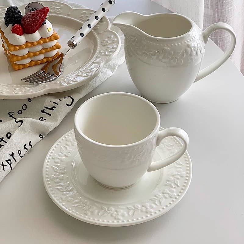 2025 New Export French Light Luxury Floral Bead Relief Pure White Ceramic Milk Pitcher Coffee Cup Saucer