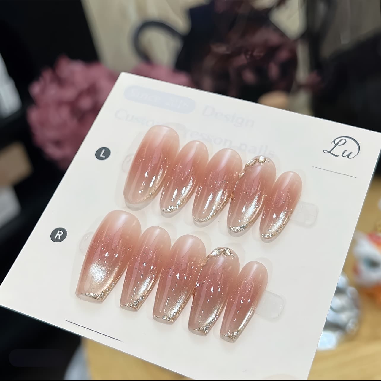 Yuedai Moonlight Firefly Handmade Wearable Nails with Zircon, Cat Eye, Blush Gradient, Bright and Premium Look
