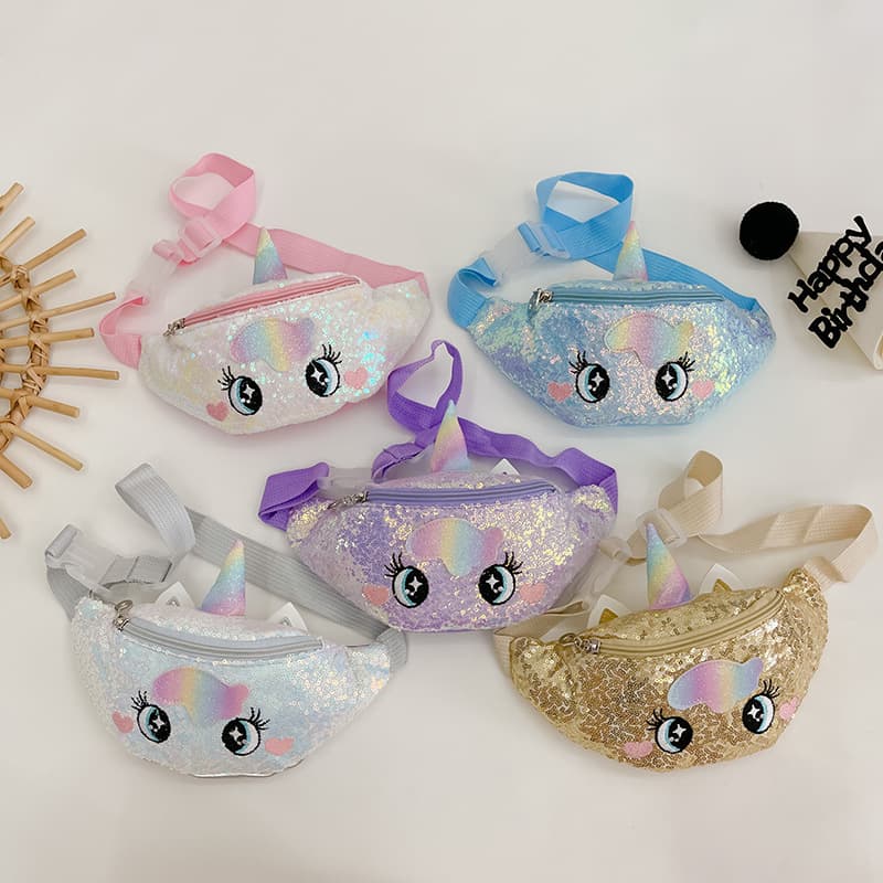 Unicorn embroidered pattern iridescent sequin cute children's bag cartoon fashion princess bag waist bag chest bag crossbody bag