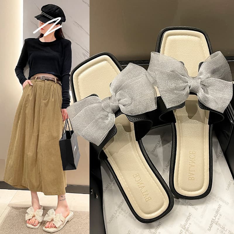 Bow Sandals Women 2025 Summer New Outdoor Slippers Fairy Style One-Strap Fashion Versatile Beach Sandals