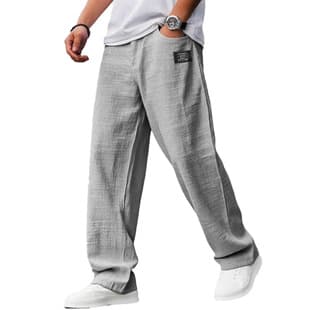 Cross-Border Men's Casual Cotton-Linen Fabric Embroidered Logo Drawstring Elastic Waist Pocket Long Pants